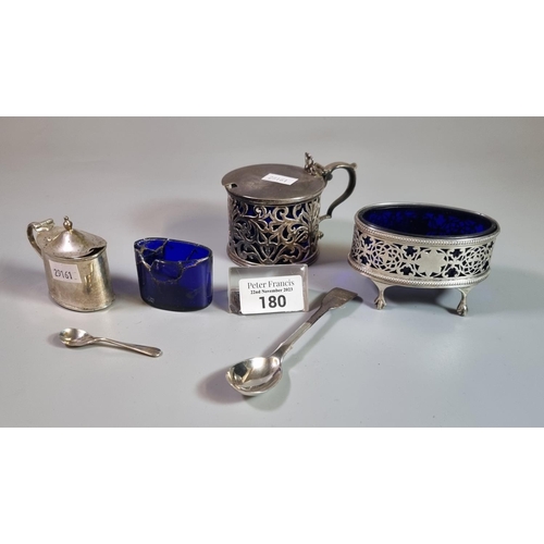 180 - Silver mustard pot together with another silver mustard pot with blue glass liner of pierced design ... 