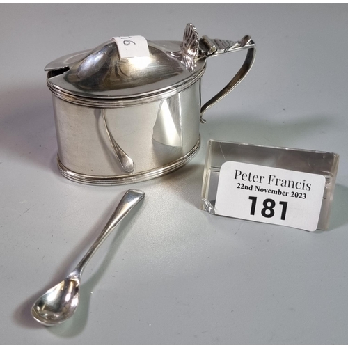 181 - Silver mustard pot with blue glass liner and silver plated spoon.  2.45 troy oz approx.   (B.P. 21% ... 