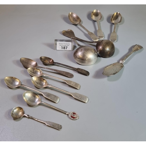 187 - Box of silver flatware: ladles, spoons etc.  11.7 troy oz approx.    (B.P. 21% + VAT)