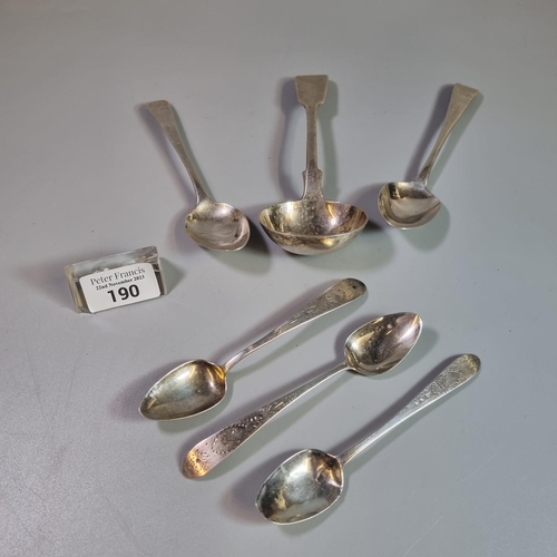 190 - Collection of silver spoons and a ladle, some Dublin hallmarks.  5.9 troy oz approx.    (B.P. 21% + ... 