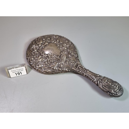 191 - Edwardian design silver vanity ladies hand dressing table mirror with repoussé decoration of birds a... 