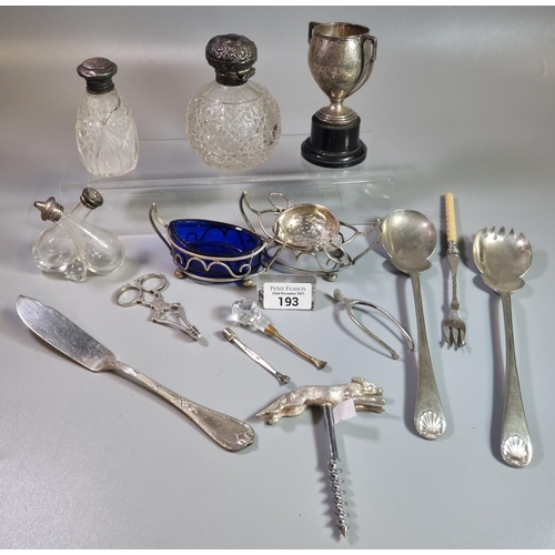 193 - Collection of silver and other items to include: hobnail cut and silver globular scent bottle, silve... 