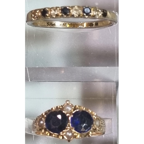 194 - Yellow metal seed pearl and probably sapphire ring.  2.1g approx.  Size K1/2.  Together with another... 