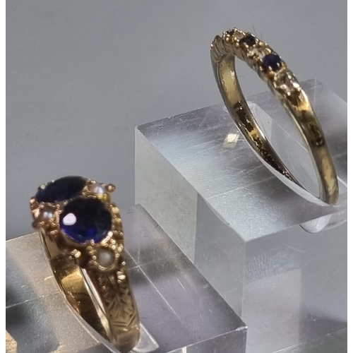 194 - Yellow metal seed pearl and probably sapphire ring.  2.1g approx.  Size K1/2.  Together with another... 