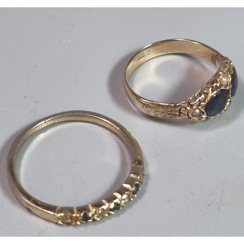 194 - Yellow metal seed pearl and probably sapphire ring.  2.1g approx.  Size K1/2.  Together with another... 