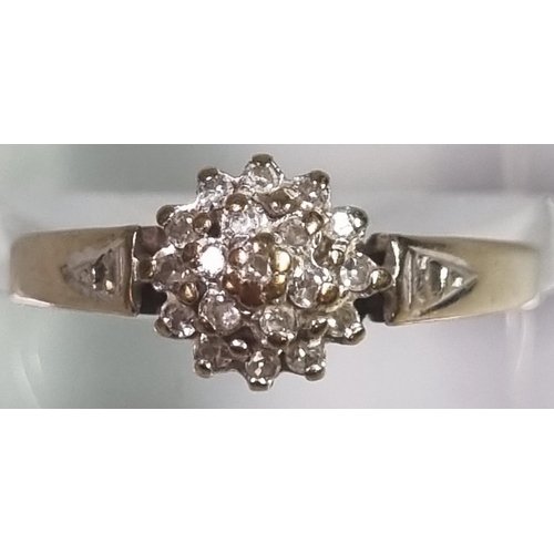 195 - Gold diamond cluster ring, indistinct hallmarks.  1.8g approx.  Size N1/2.   (B.P. 21% + VAT)