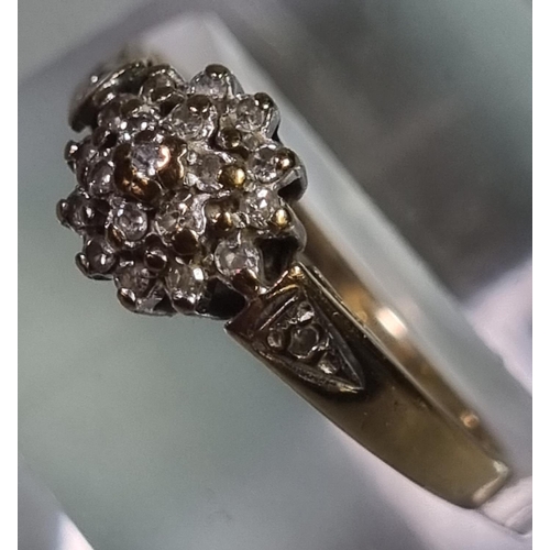 195 - Gold diamond cluster ring, indistinct hallmarks.  1.8g approx.  Size N1/2.   (B.P. 21% + VAT)