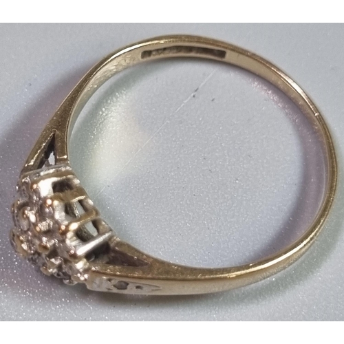 195 - Gold diamond cluster ring, indistinct hallmarks.  1.8g approx.  Size N1/2.   (B.P. 21% + VAT)