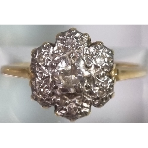 196 - 18ct gold diamond cluster ring.  3.7g approx.  Size N.   (B.P. 21% + VAT)