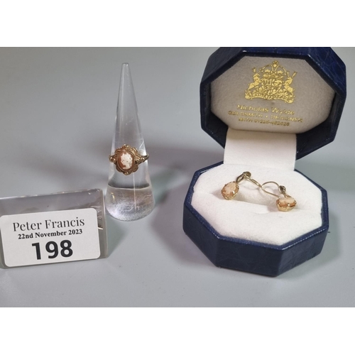 198 - 9ct gold cameo ring.  2.7 g approx.  Size L.  Together with pair of matching 9ct gold cameo earrings... 