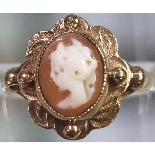 198 - 9ct gold cameo ring.  2.7 g approx.  Size L.  Together with pair of matching 9ct gold cameo earrings... 