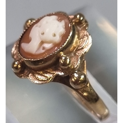 198 - 9ct gold cameo ring.  2.7 g approx.  Size L.  Together with pair of matching 9ct gold cameo earrings... 