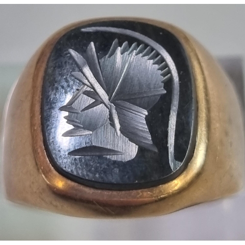 206 - 9ct gold gents intaglio Hematite signet ring.  5.5g approx.  Size R1/2.  (B.P. 21% + VAT)