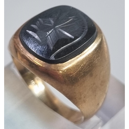 206 - 9ct gold gents intaglio Hematite signet ring.  5.5g approx.  Size R1/2.  (B.P. 21% + VAT)