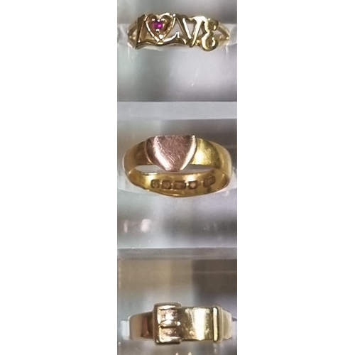 207 - Two 9ct gold rings of buckle design and one marked 'Love' together with another gold signet ring wit... 