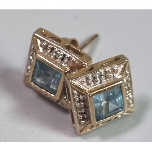 212 - Pair of 9ct gold Art Deco style blue stone earrings of square form, possibly aqua.  (B.P. 21% + VAT)