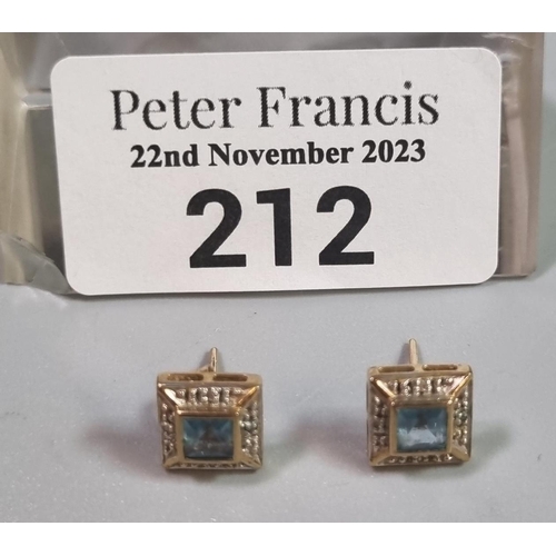 212 - Pair of 9ct gold Art Deco style blue stone earrings of square form, possibly aqua.  (B.P. 21% + VAT)