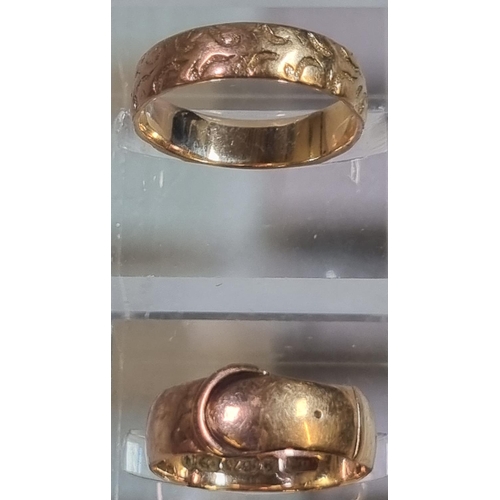 216 - 9ct gold buckle ring together with 9ct gold wedding band.  4.4g approx.  (B.P. 21% + VAT)