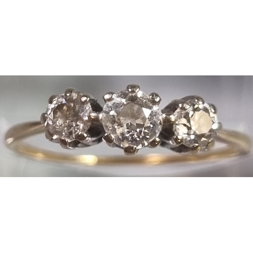 222 - Gold diamond three stone ring.  2g approx.  Size R.  (B.P. 21% + VAT)