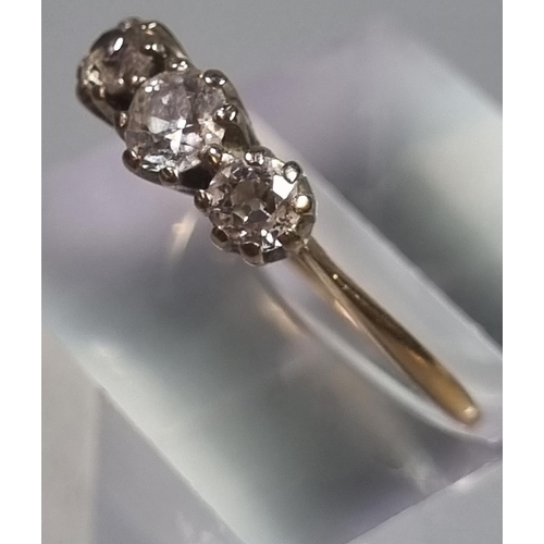 222 - Gold diamond three stone ring.  2g approx.  Size R.  (B.P. 21% + VAT)