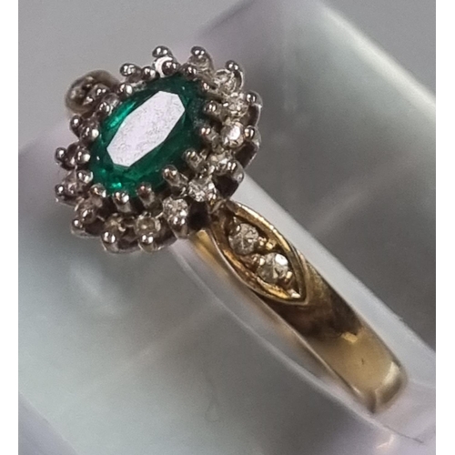 225 - 9ct gold diamond and green stone cluster ring.  2.7g approx.  Size J1/2.  (B.P. 21% + VAT)