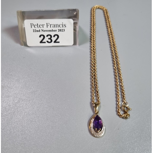 232 - 9ct gold chain with 9ct gold and purple stone pendant.  3.6g approx.  (B.P. 21% + VAT)