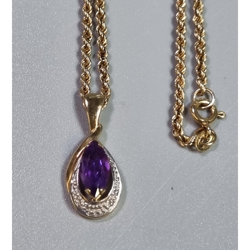 232 - 9ct gold chain with 9ct gold and purple stone pendant.  3.6g approx.  (B.P. 21% + VAT)