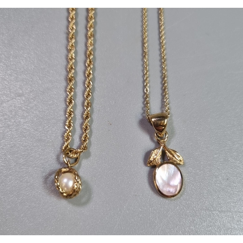 237 - Two 9ct gold silver fine chains each with pendants, a pearl and another.  5.5 g approx.  (B.P. 21% +... 