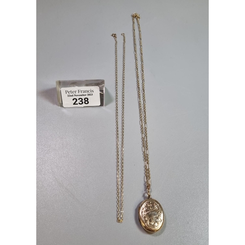 238 - 9ct gold fine link chain.  1.9g approx.  together with another 9ct gold fine link chain with engrave... 