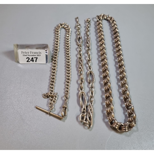 247 - Silver T bar curb link pocket watch chain.  1.6 troy oz approx.  Together with another sterling silv... 