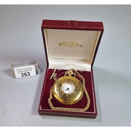 263 - Rotary gold plate keyless hunter pocket watch with Roman face and gilt metal chain.  Original box.  ... 