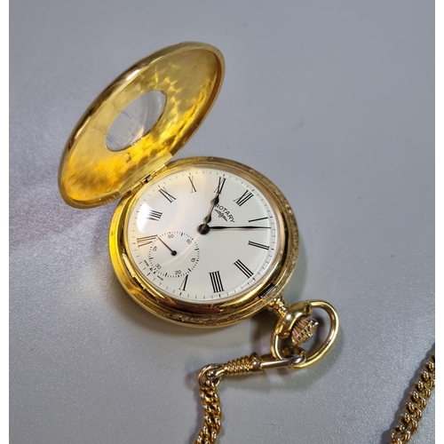 263 - Rotary gold plate keyless hunter pocket watch with Roman face and gilt metal chain.  Original box.  ... 