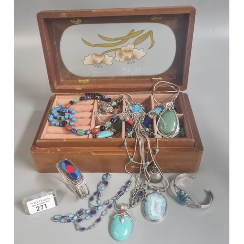 271 - Modern jewellery box comprising assorted silver and other jewellery to include: turquoise and hardst... 