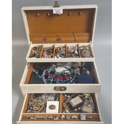 272 - Jewellery box comprising vintage and other jewellery: watches, ring, necklaces, pendants, mother of ... 