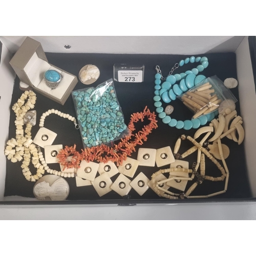 273 - Box comprising assorted jewellery to include: turquoise ring and turquoise necklace, coral necklace,... 