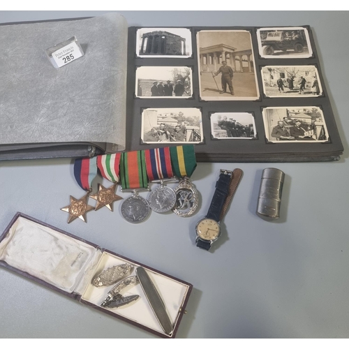 285 - Collection of WWII ephemera in mahogany finish box to include: soldier Johnnie Rush - Royal Army Ser... 