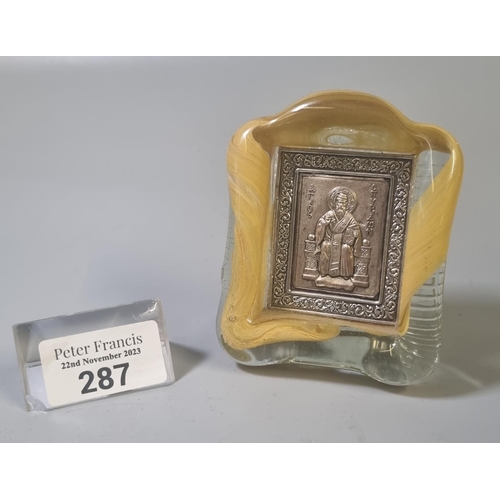 287 - Silver Orthodox Church Icon in moulded Murano type glass frame.    (B.P. 21% + VAT)