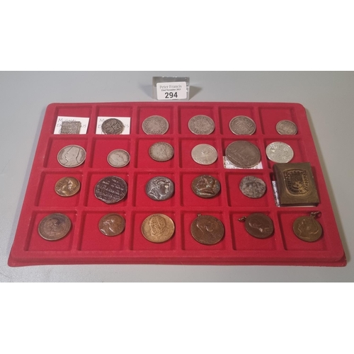 294 - Collection of unusual coins and medallions to include Mughal Empire silver period coins, Silver Egyp... 