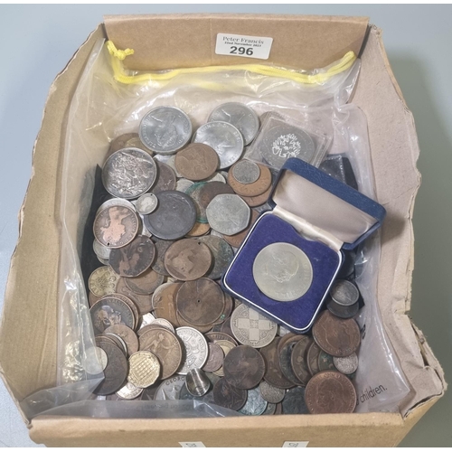 296 - Box of assorted coins to include: Victorian silver Crown, other odd silver coins, copper coins, cart... 