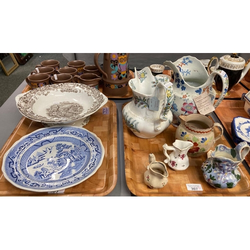 307 - Two trays of 19th century Welsh pottery, mainly Swansea to include: Cambrian jug, various pouch jugs... 