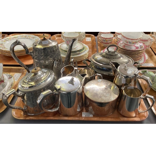 312 - Tray of 19th century and other silver plated items to include: teapots, lidded two handled tureen, f... 