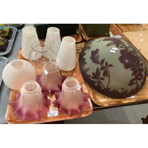 343 - Two trays of glassware to include: ceiling light shades three cranberry glass and opaline together w... 