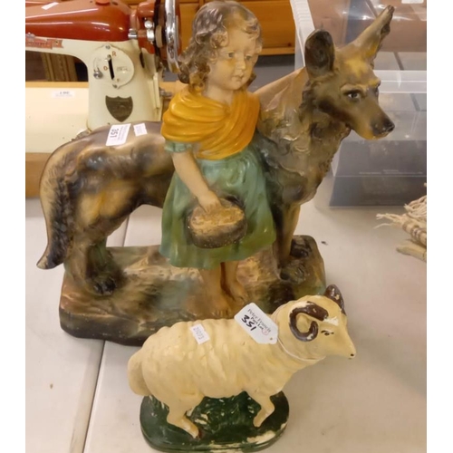 351 - Early 20th century coloured plaster model of a girls with large dog together with similar model of a... 