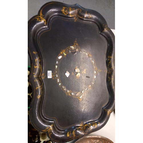 354 - 19th century papier mache serpentine shaped tray with gilded and mother of pear inlaid decoration to... 