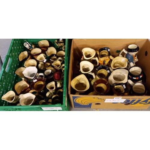 355 - Three boxes of assorted modern pottery Toby Jugs and novelty teapots in the form of teddy bears.  (3... 