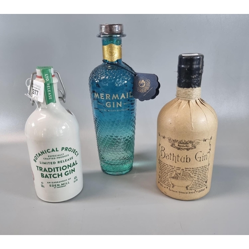 377 - Three bottles of Gin to include: Mermaid Gin, Isle of Wight Distillery.  70cl.  42% vol., Ableforth'... 