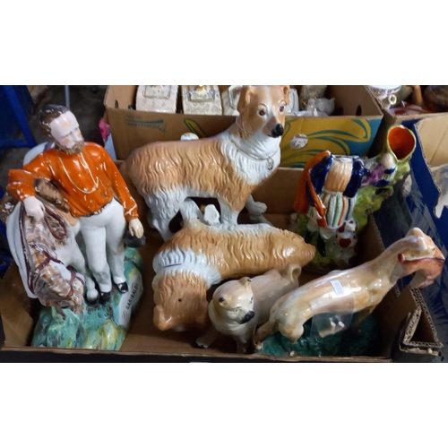 391 - Collection of 19th century Staffordshire figures and animals to include: pair of dogs, pug dog, stan... 