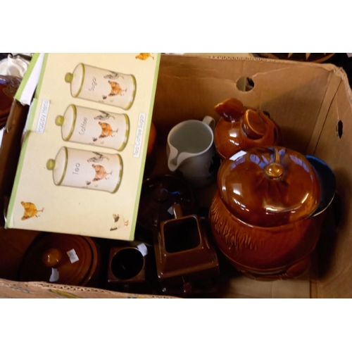 395 - Four boxes of assorted modern pottery zoomorphic biscuit barrels, animal figures, condiments, moneyb... 