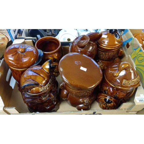 395 - Four boxes of assorted modern pottery zoomorphic biscuit barrels, animal figures, condiments, moneyb... 