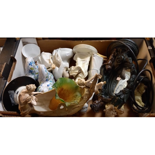 404 - Two boxes containing an assortment of animal ornaments, decorative mirrors, figures and figurines, l... 